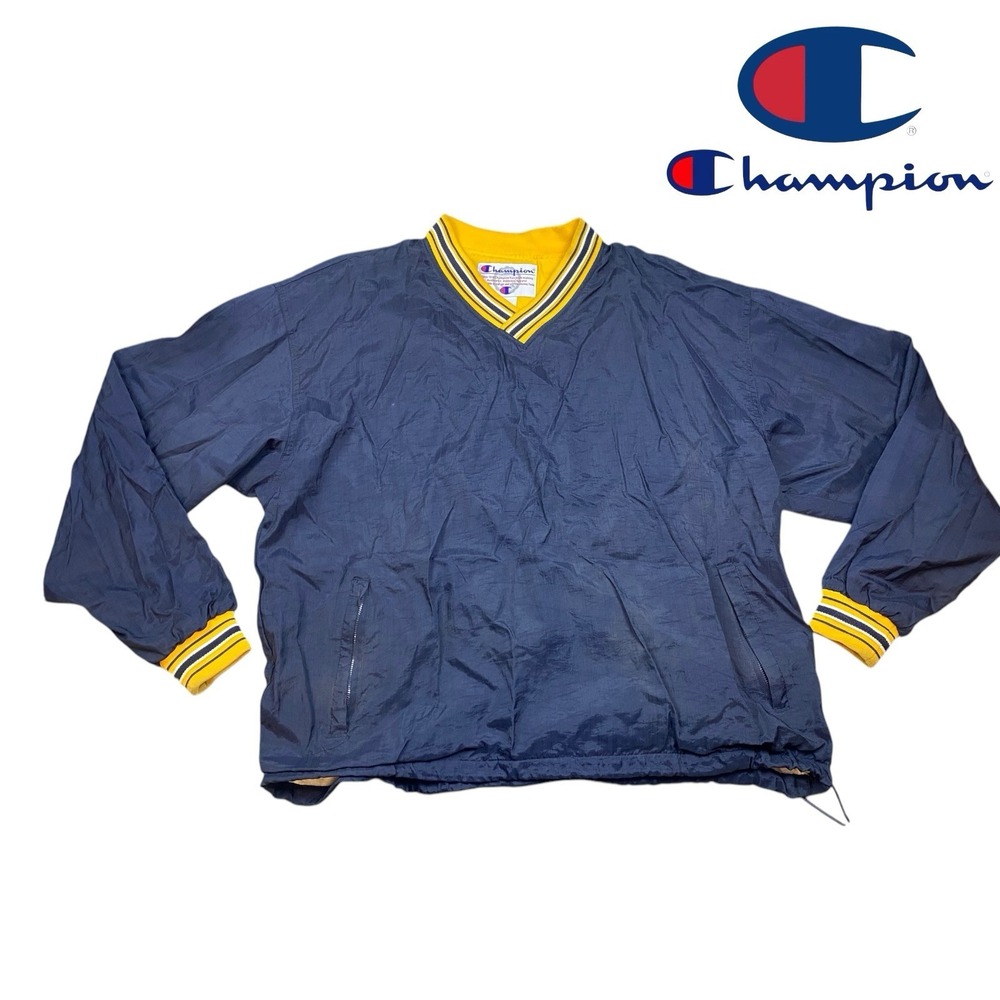 VTG 90's Champion Pullover Windbreaker Jacket Men's Size XL Striped Blue Yellow